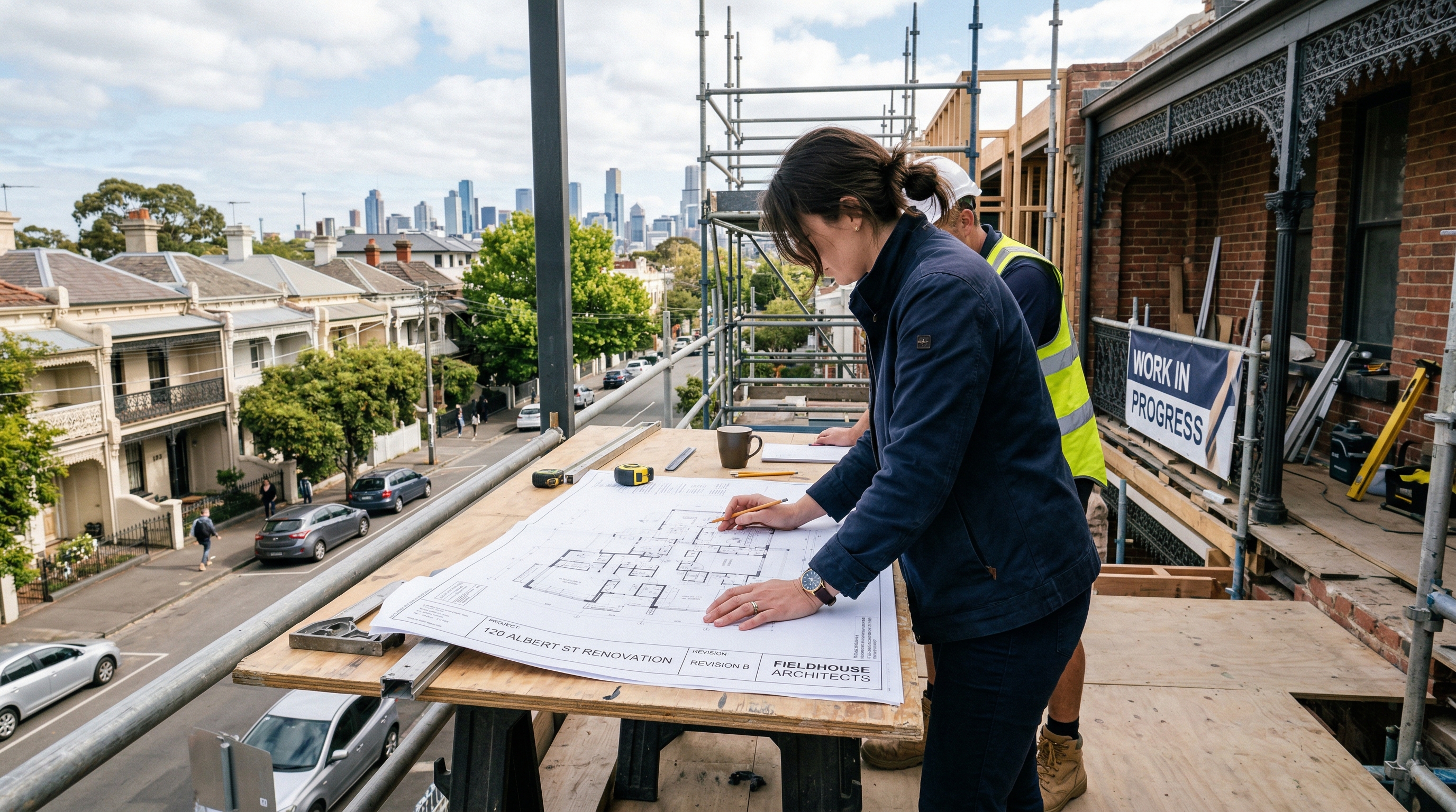 Architect reviewing plans on a Melbourne renovation site